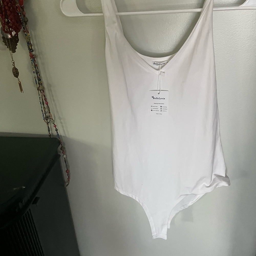 BelleLovin V-neck bodysuit (sleeveless white tank)
